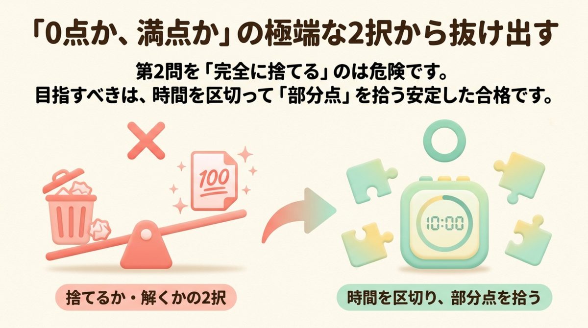 簿記3級 第2問 0点か満点かの2択から抜け出す 簿記3級の第2問は0点か満点かの極端な2択でなく時間を区切って部分点を拾う考え方に切り替えることを示す図解