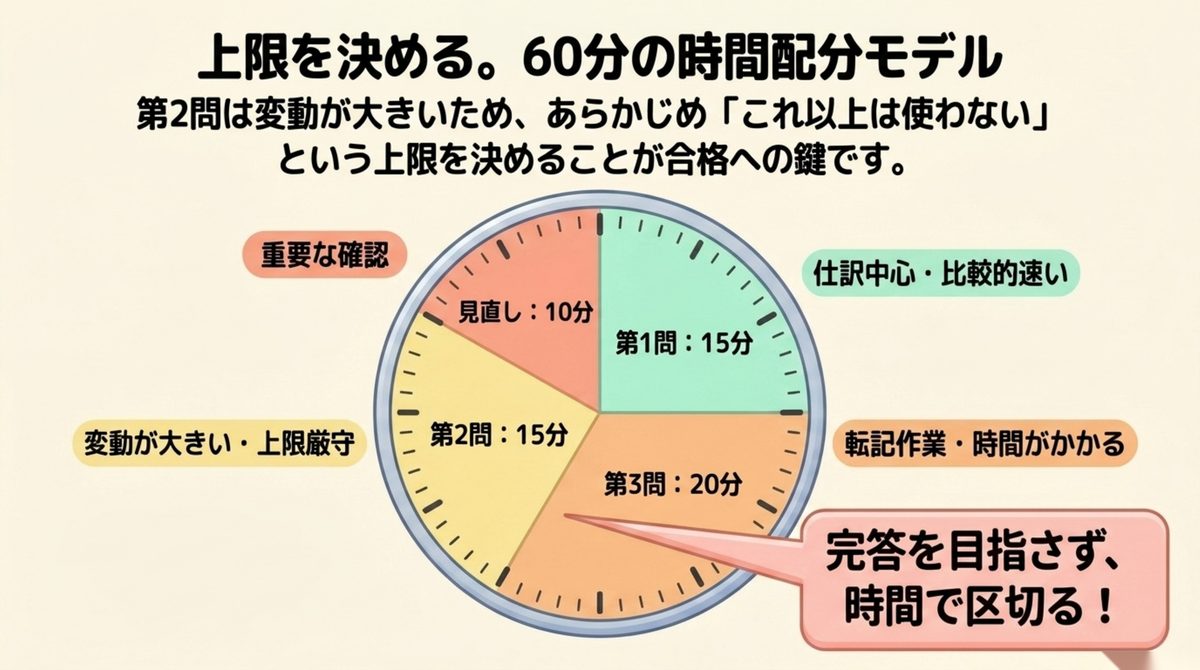 簿記3級 第2問 60分の時間配分モデル 簿記3級の第1問15分・第3問20分・第2問15分・見直し10分という60分の時間配分モデルを示す図解