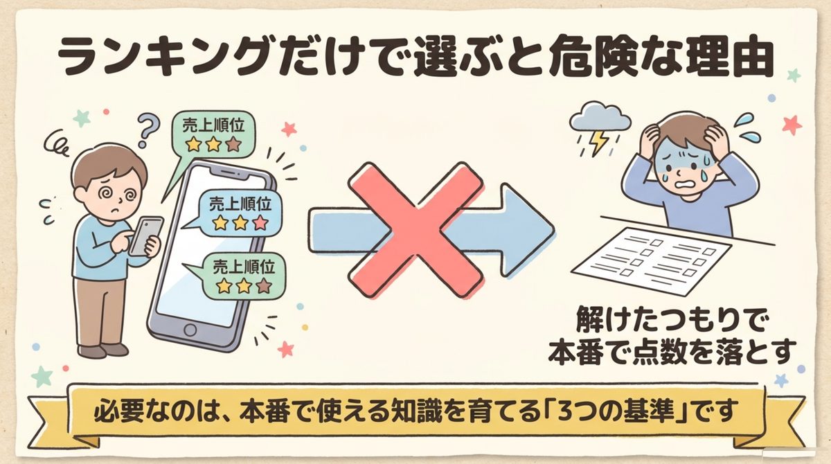 簿記3級 問題集 ランキングだけで選ぶ危険性 簿記3級の問題集をランキングだけで選ぶと解けたつもりで本番の点数を落とす危険を示す図解