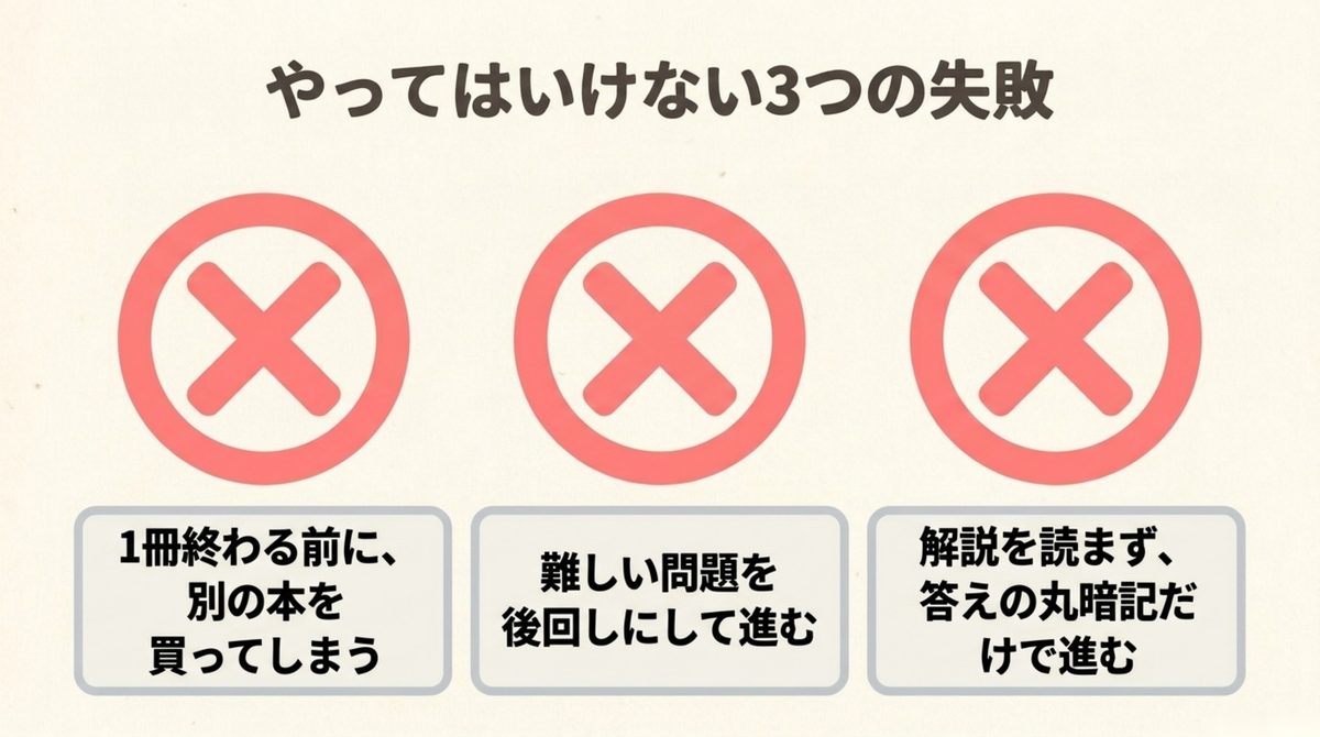 簿記3級 問題集 やってはいけない失敗 簿記3級問題集選びでやってはいけない3つの失敗(1冊終える前に買い足す・難問を後回し・解説を読まず暗記)を示す図解