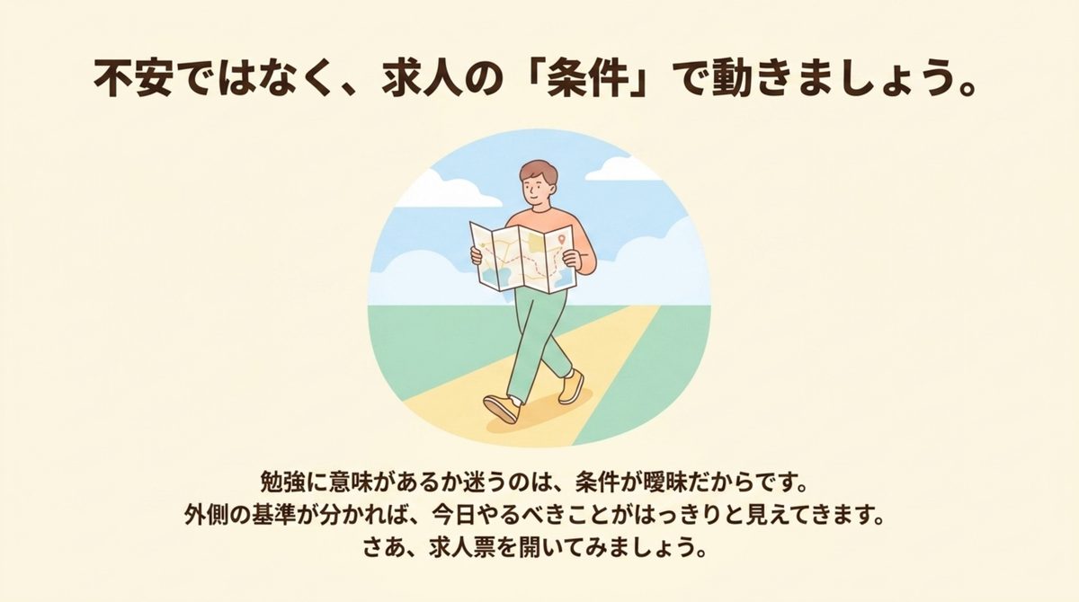 勉強に意味があるか迷うのは条件が曖昧だからであり、外側の基準が分かれば今日やることが見えることを示す図