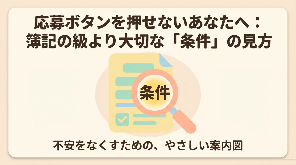 簿記の勉強に意味があるのかという問いに対し、求人票の3つの欄で評価が決まることを示したタイトル図