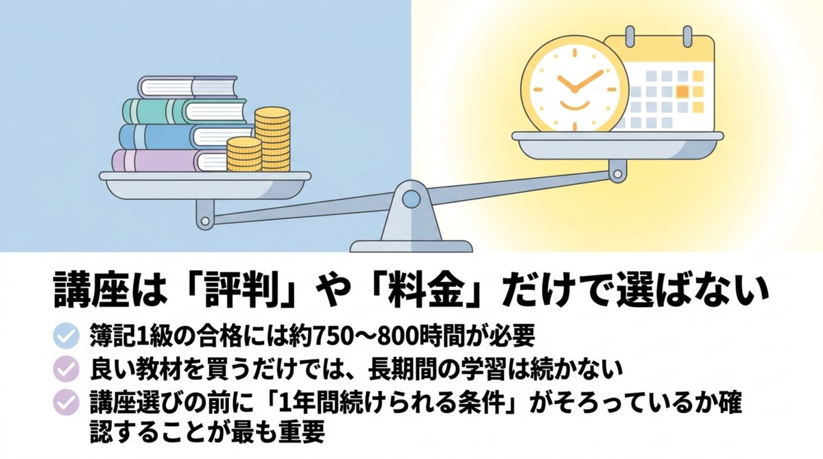 料金や評判だけで講座を選ばない判断軸 教材費と学習時間をてんびんで比べ、講座は料金や評判だけで選ばないことを示す図