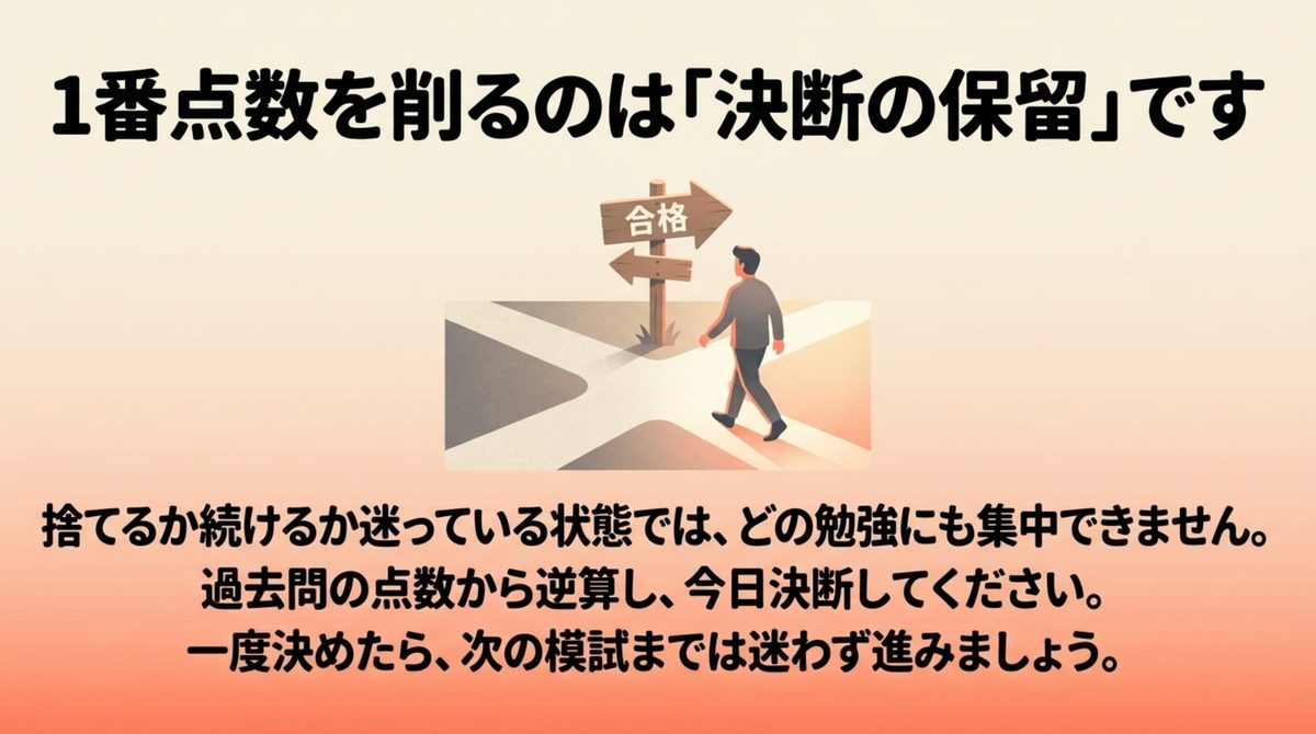 捨てるか続けるか迷っている状態ではどの勉強にも集中できず、決断の保留が一番点数を削ることを示した図