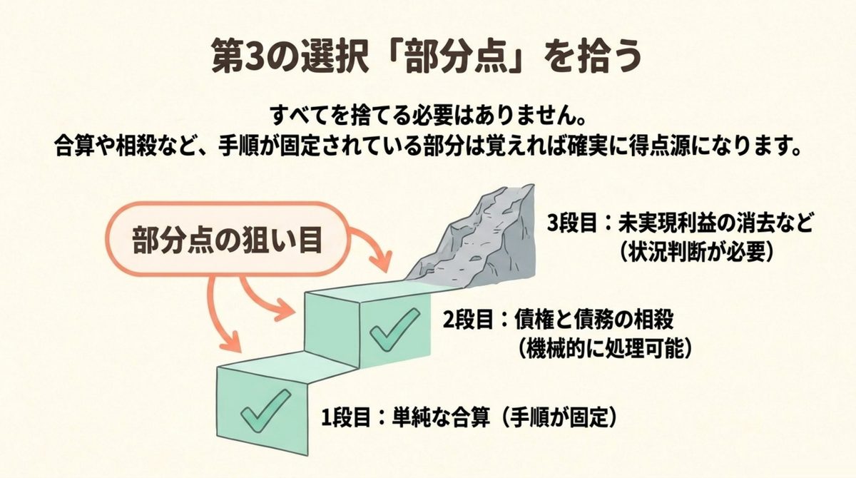 単純な合算と債権債務の相殺は手順が固定され部分点を狙えるが未実現利益の消去は状況判断が必要であることを段階で示した図