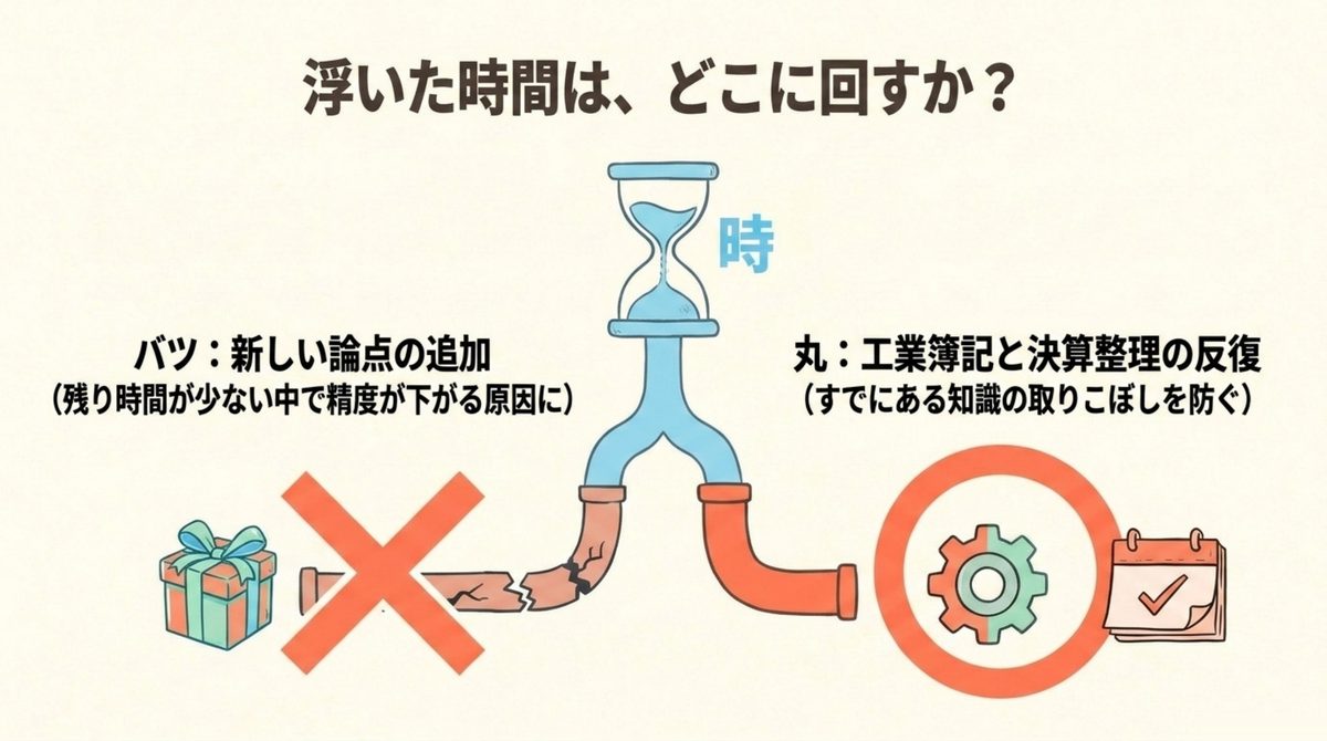 浮いた時間は新しい論点の追加ではなく工業簿記と決算整理の反復に回すほうが計算に合うことを示した図