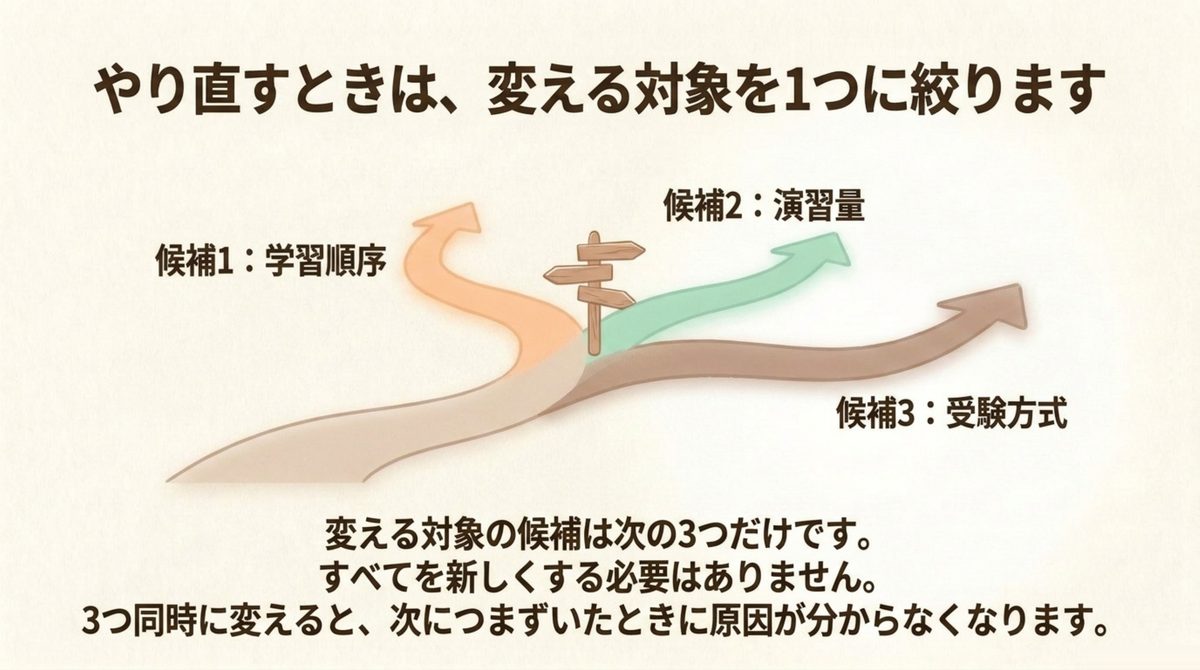 やり直すときは学習順序・演習量・受験方式の3つの候補から変える対象を1つに絞ることを示した図