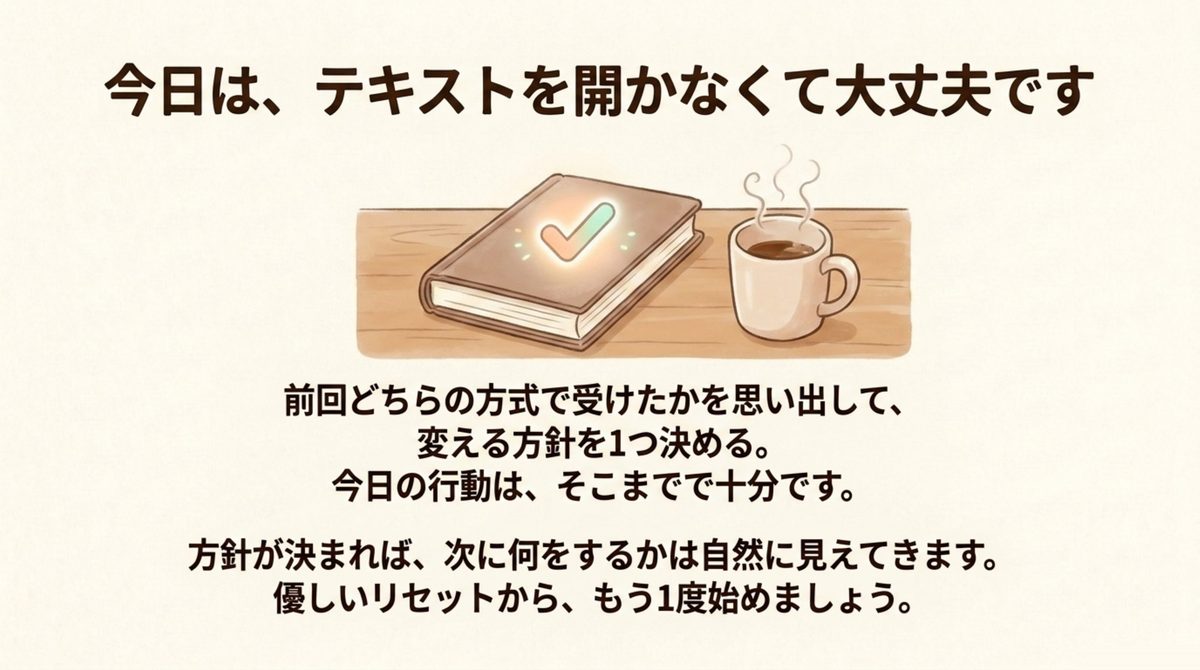今日はテキストを開かなくてよく、前回どの方式で受けたかを思い出して変える対象を1つ選ぶだけでよいと示した図