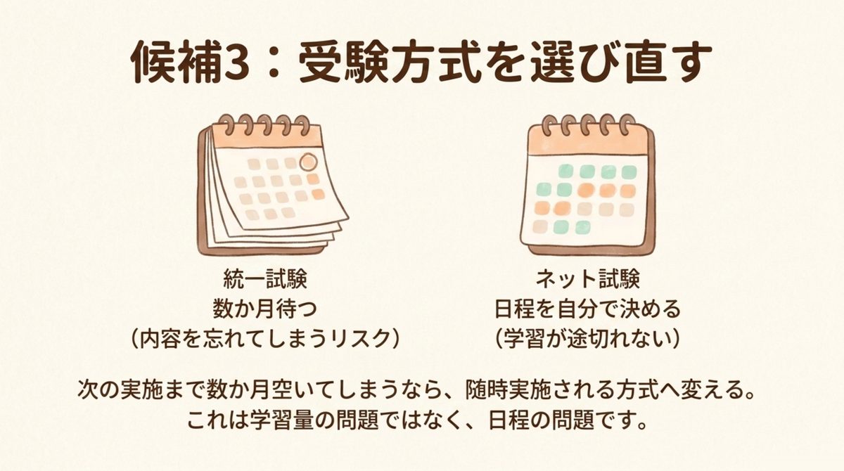 前回の受験から日が浅いなら演習量、数か月空いたなら学習順序、次が遠いなら受験方式を変えるという決め方の図