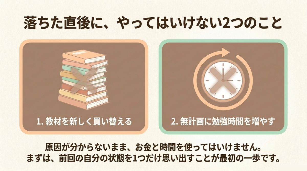 教材の買い替えより先に、過去問で合格点に届いていたかどうかで原因を切り分けるべきことを示した図