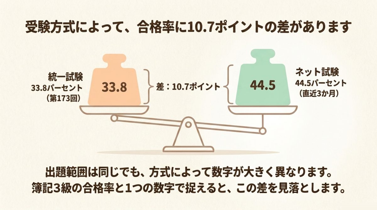 方式による合格率の差について公式な説明はなく、断定できるのは差があるという事実だけであることを示した図