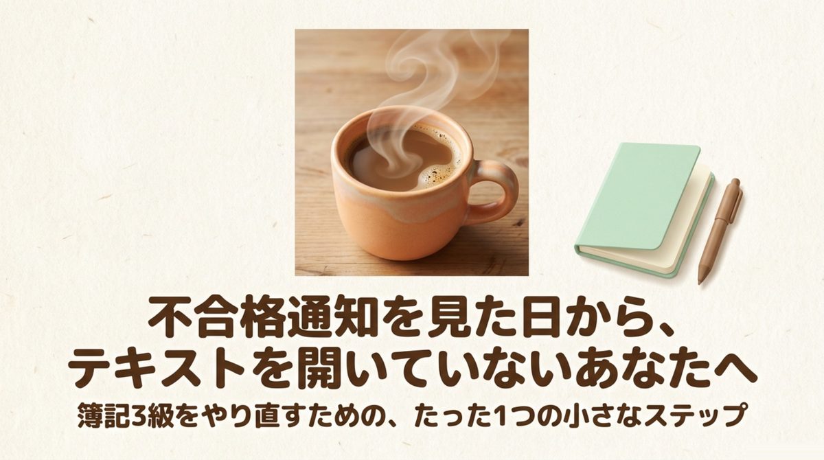 簿記3級に落ちたのは能力のせいではなく、再挑戦で合格をつかむ3つの切り替えを示したタイトル図