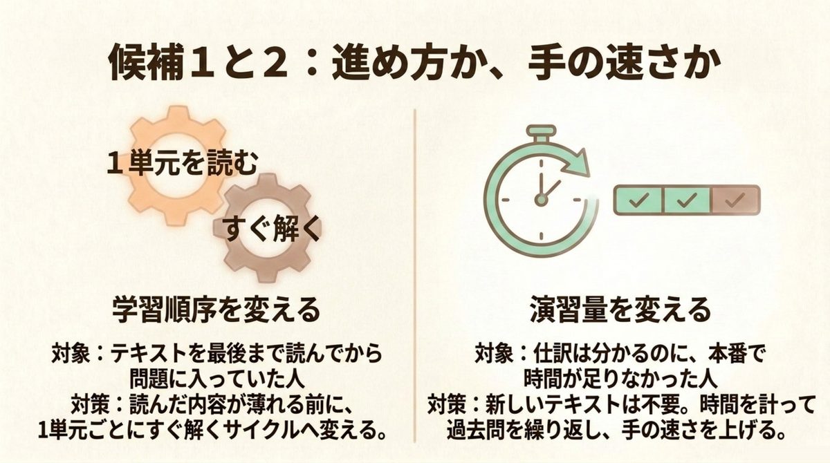 受験方式をネット試験へ・学習順序を読んで即解く形へ・演習量を時間を計る形へという3つの変更候補の詳細図