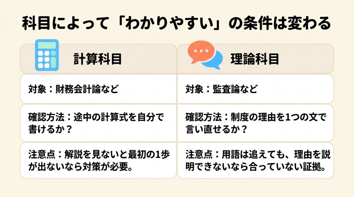 公認会計士の計算科目と理論科目で教材の分かりやすさを確かめる方法の図解