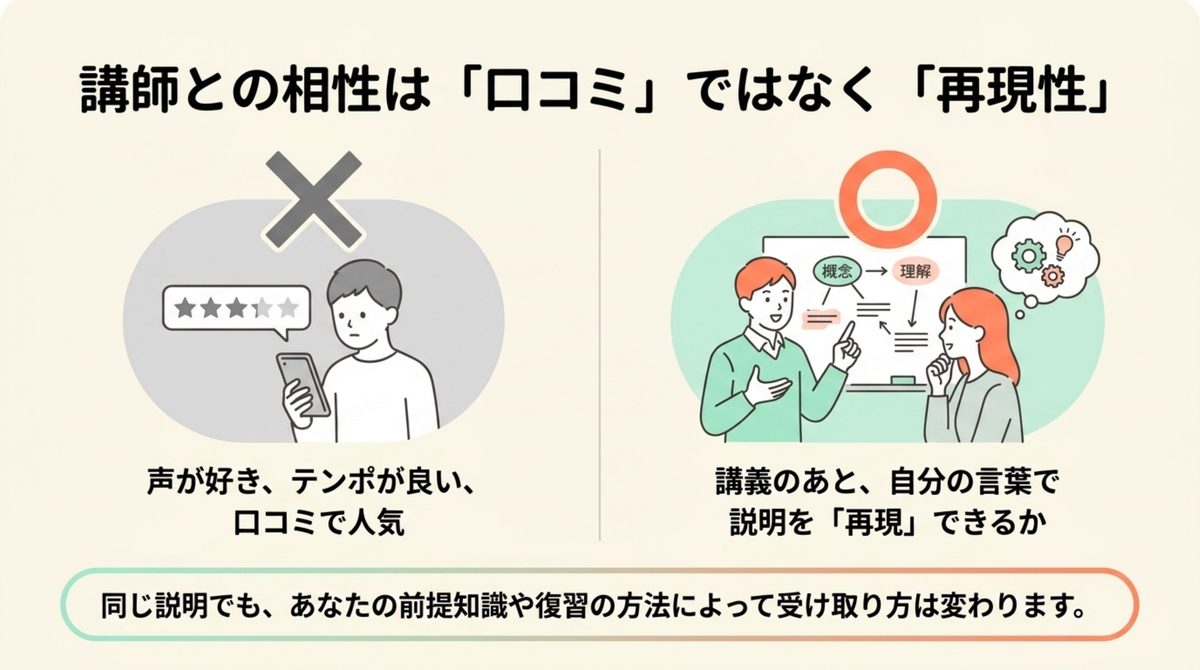 公認会計士講師との相性を口コミではなく説明の再現性で確かめる図解