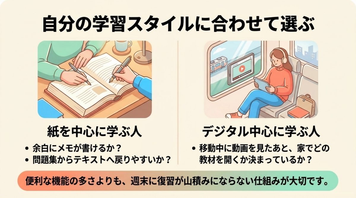 公認会計士講座を紙中心とデジタル中心の学習スタイルで選ぶ図解