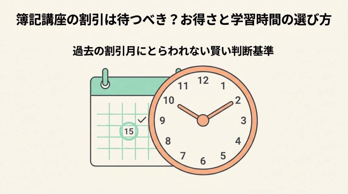 簿記講座の割引を待つか学習開始を優先するかの判断図