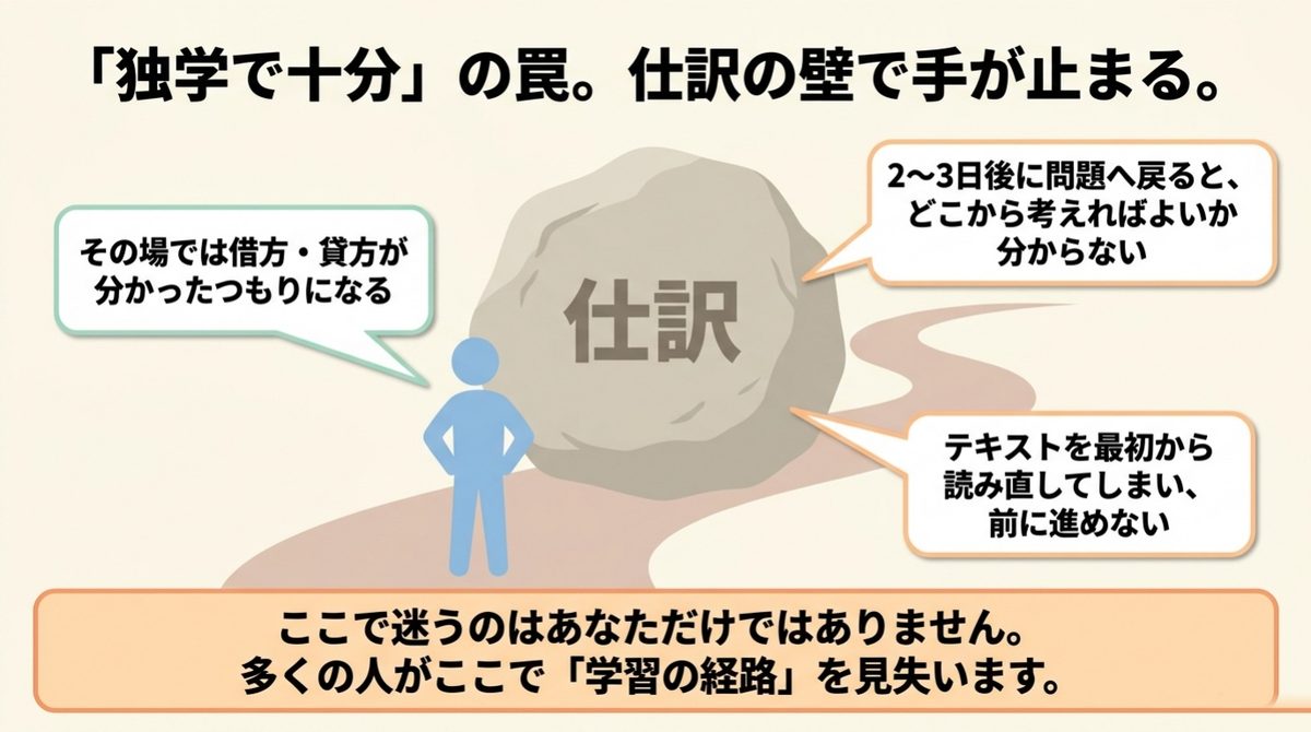 数日後に同じ仕訳問題を解けずテキストの最初へ戻る学習停滞の原因を示す図