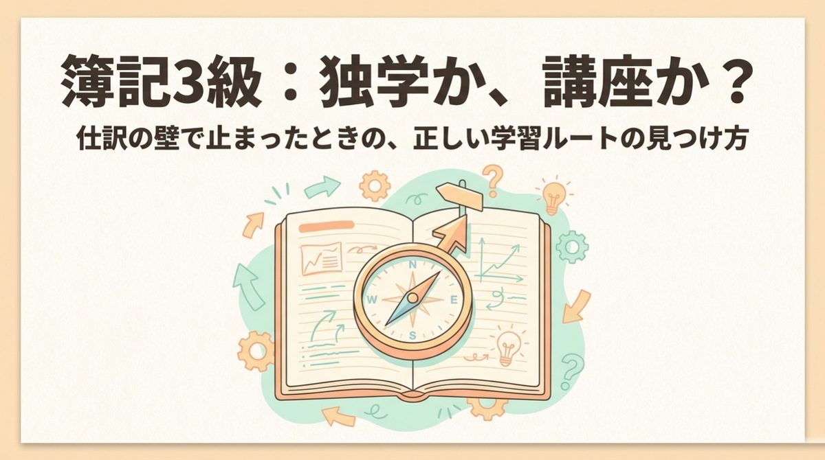簿記3級で仕訳につまずいたときに独学と講座のどちらを選ぶか示す学習ルート図
