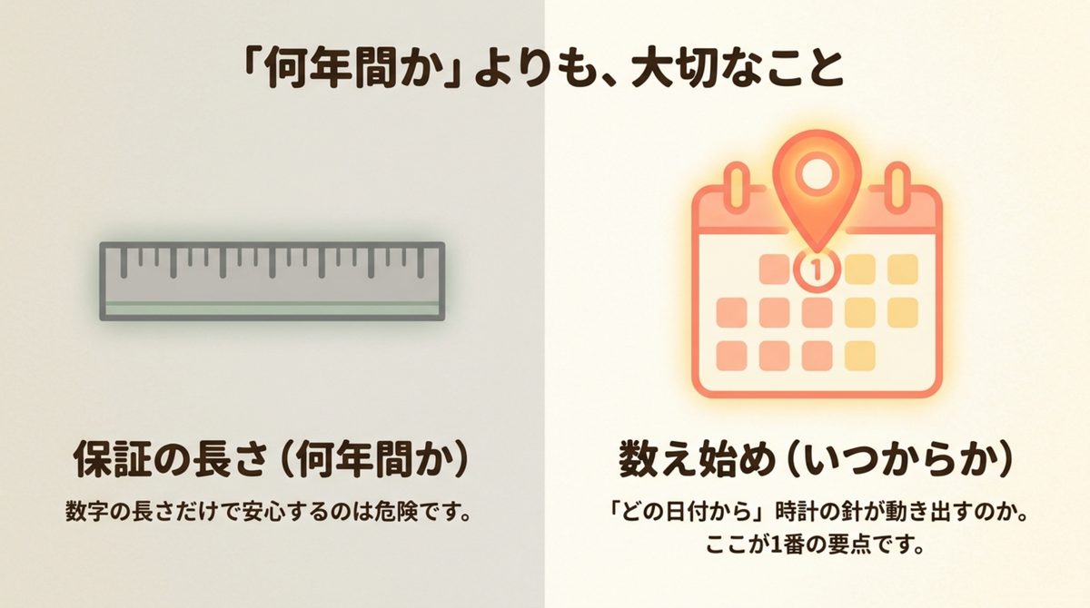 クレアール簿記の保証期間の数え始め クレアール簿記の受講保証は期間の長さより数え始めが重要だと示す図