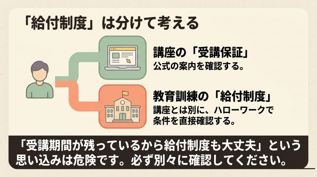 受講保証と教育訓練給付制度の違い クレアール簿記の受講保証と教育訓練給付制度を分けて確認する図