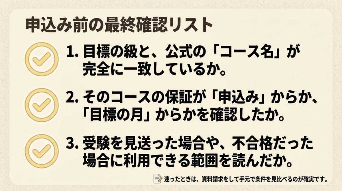 クレアール簿記申込前チェックリスト クレアール簿記へ申し込む前に級・コース名・起算日・利用範囲を確認するチェックリストの図