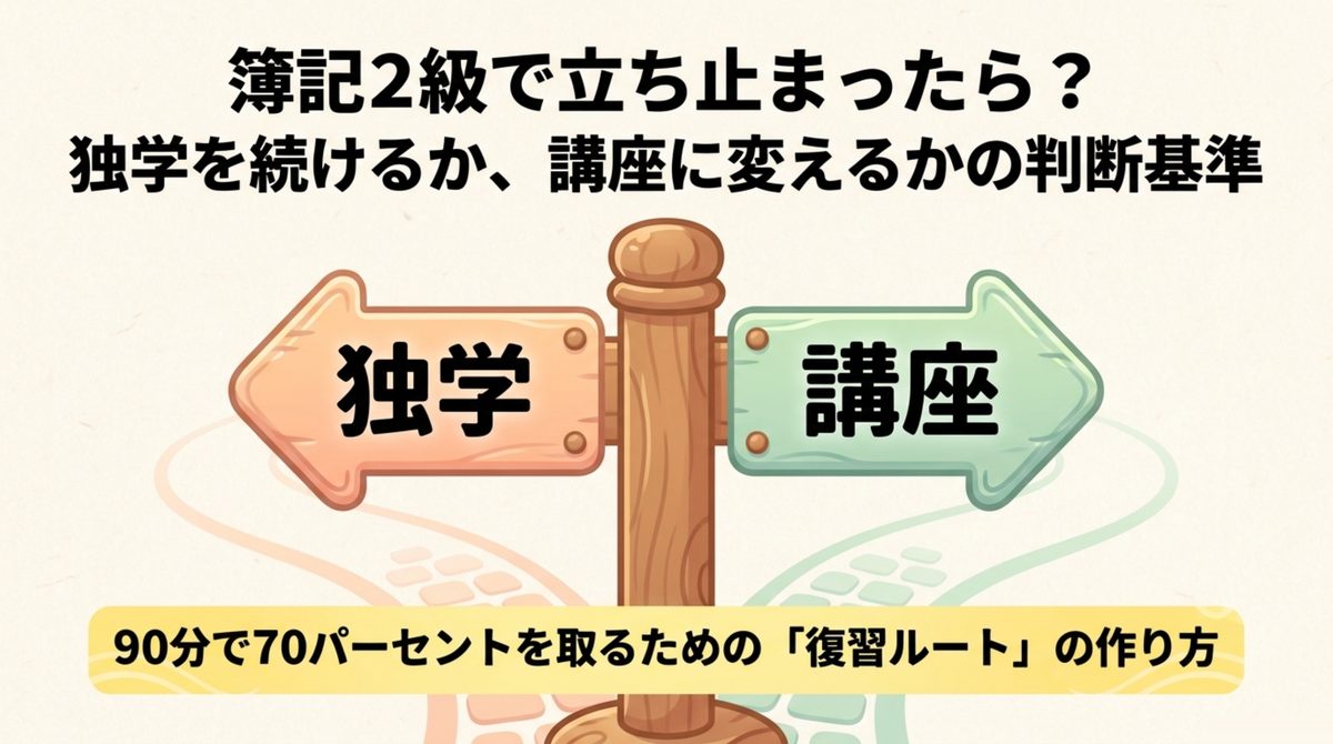 クレアール簿記2級で独学を続けるか講座へ切り替えるかの判断基準を示す図