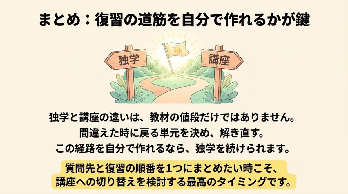 簿記2級で復習経路を自分で作れるかを独学と講座の最終判断にする図