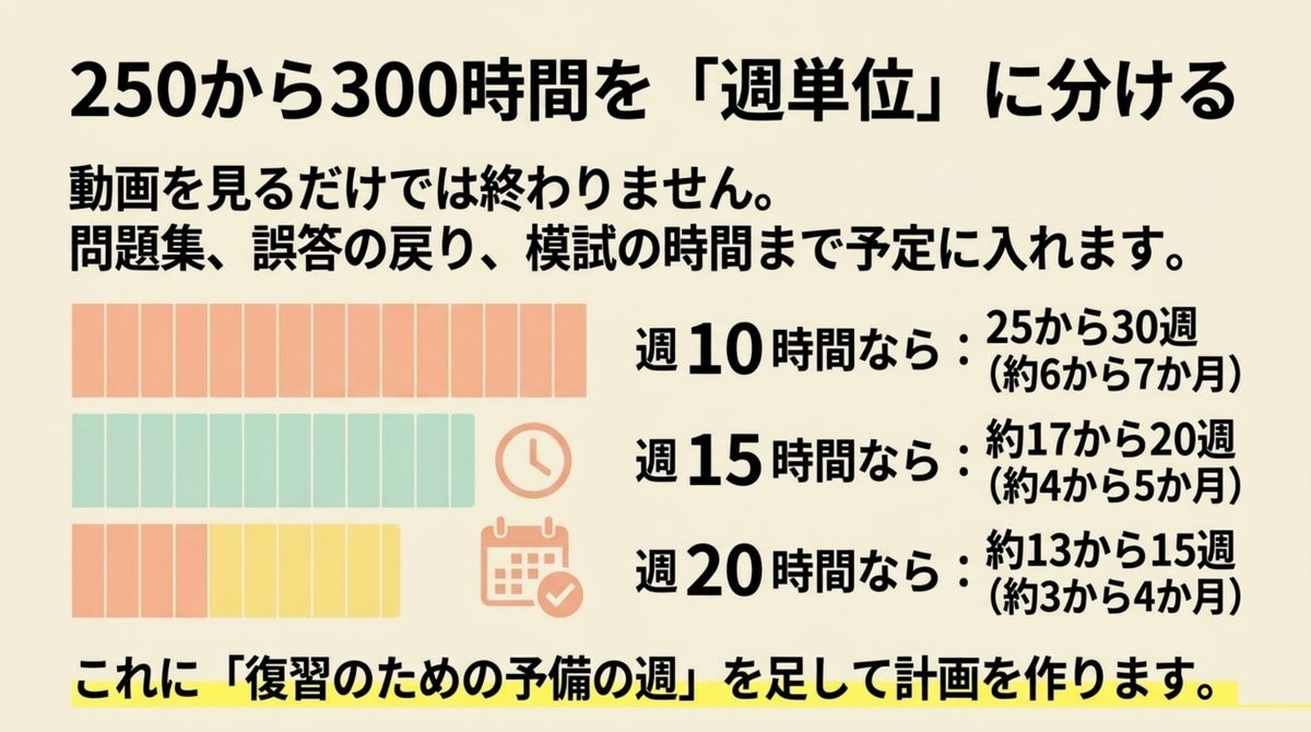 クレアール簿記2級の250から300時間を週10・15・20時間へ分けた学習期間の図