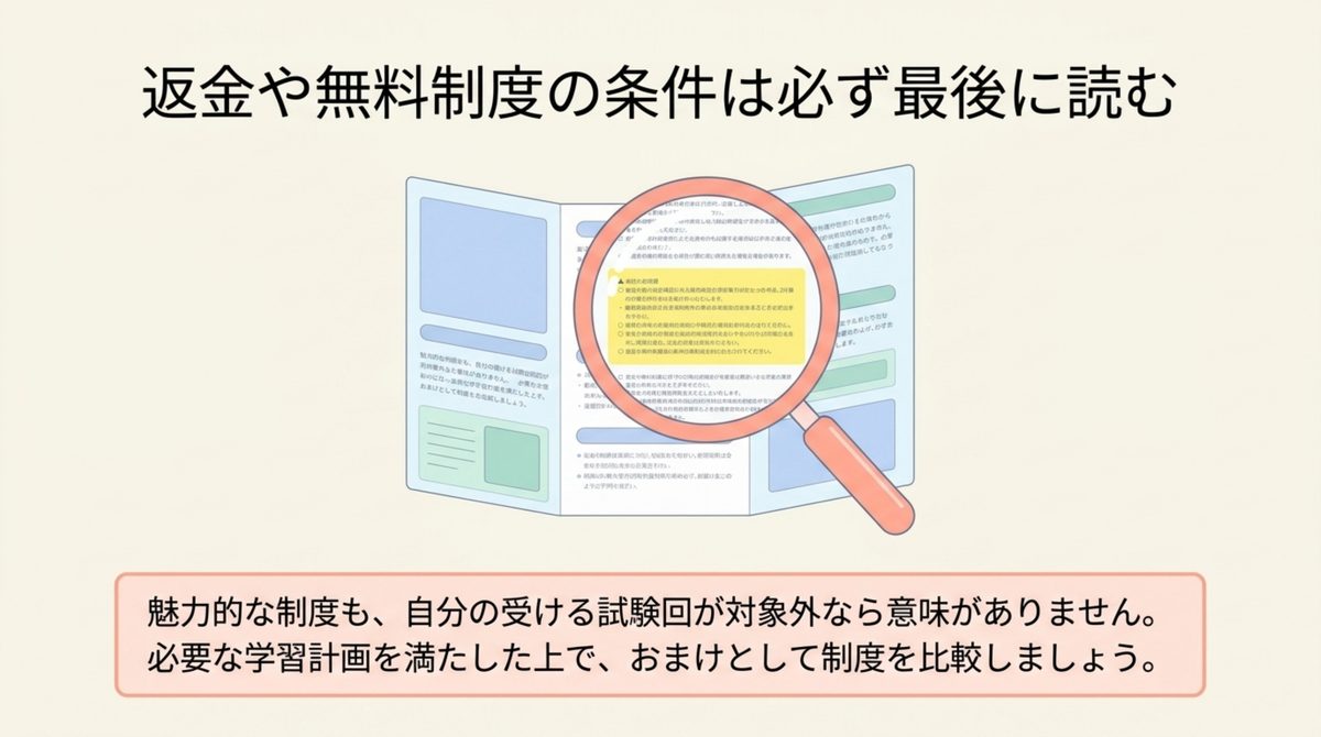返金や無料制度の条件を最後に確認する理由を示す図解