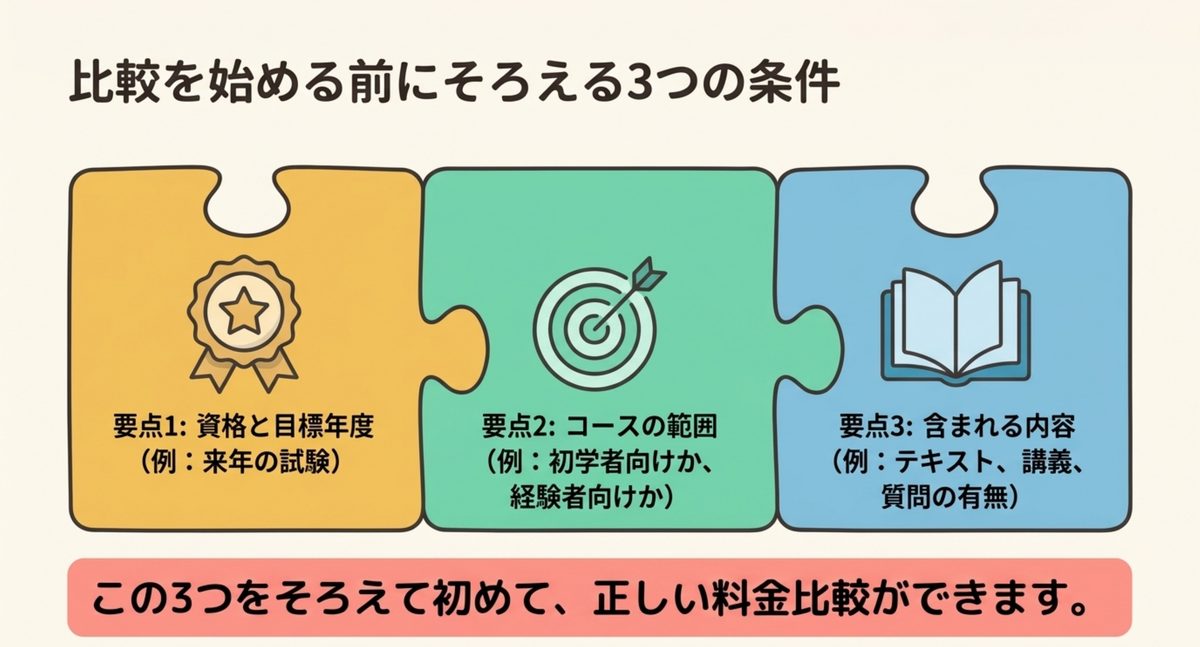 料金を比べる前に資格、目標年度、コース内容、受講期限をそろえる図解