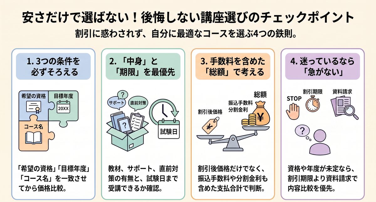 料金だけでなく希望資格・受講内容・支払い総額・申込み時期を確認する講座選びのポイント