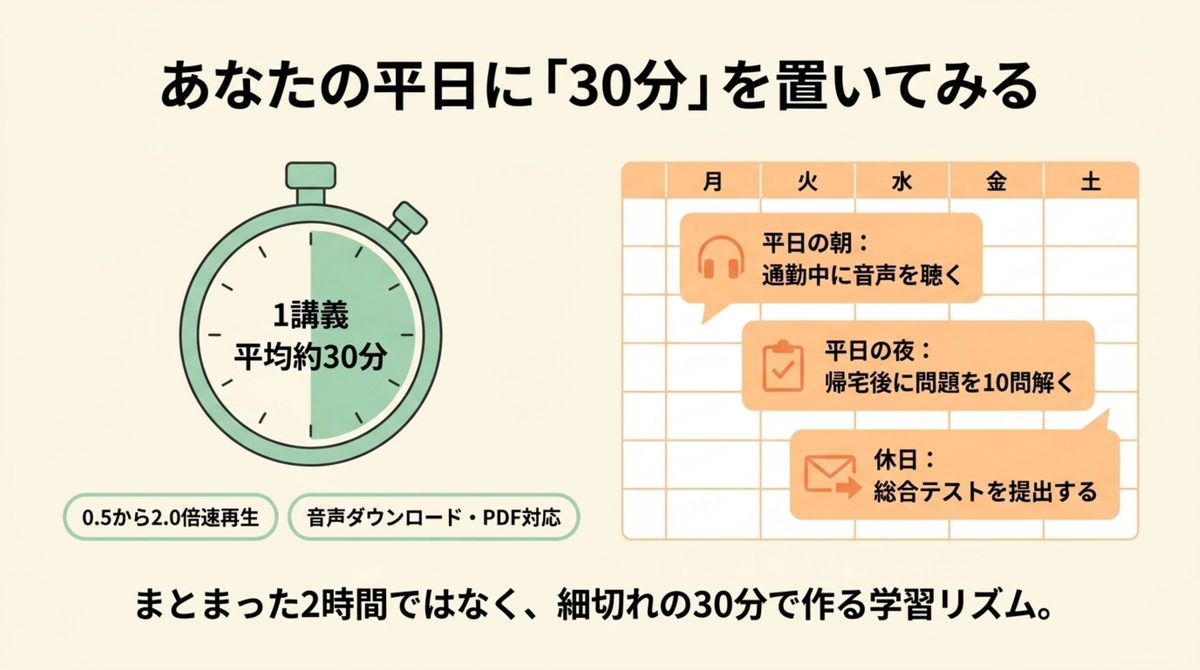 クレアールFPの約30分講義を通勤・帰宅後・休日に配置する学習計画の図