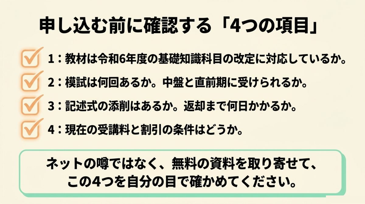 申し込む前に確認する「4つの項目」 申し込む前に確認する4つの項目として基礎知識科目の改定対応・模試の回数と時期・記述式の添削・受講料と割引を挙げ無料資料で確かめることを勧める図解