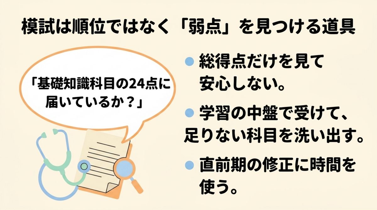 模試は順位ではなく「弱点」を見つける道具 模試は総得点だけを見て安心せず基礎知識科目が24点に届いているか弱点を見つける道具として使うことを示す図解