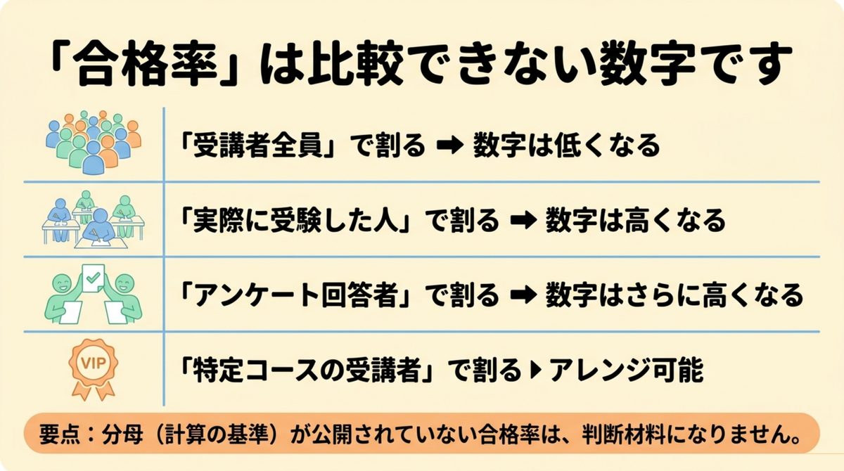 「合格率」は比較できない数字です 合格率は受講者全員・実際に受験した人・アンケート回答者・特定コースの受講者のどれで割るかで数字が変わり比較できないことを示す図解