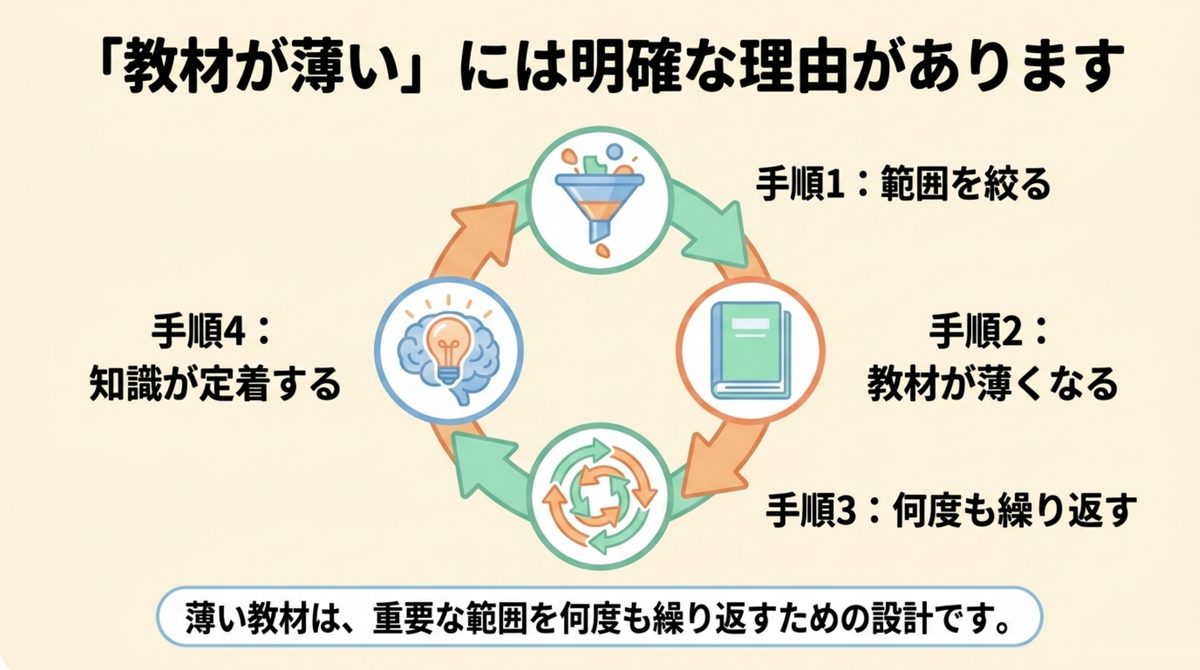 「教材が薄い」には明確な理由があります 範囲を絞る・教材が薄くなる・何度も繰り返す・知識が定着するという教材がコンパクトな理由のサイクルを示す図解