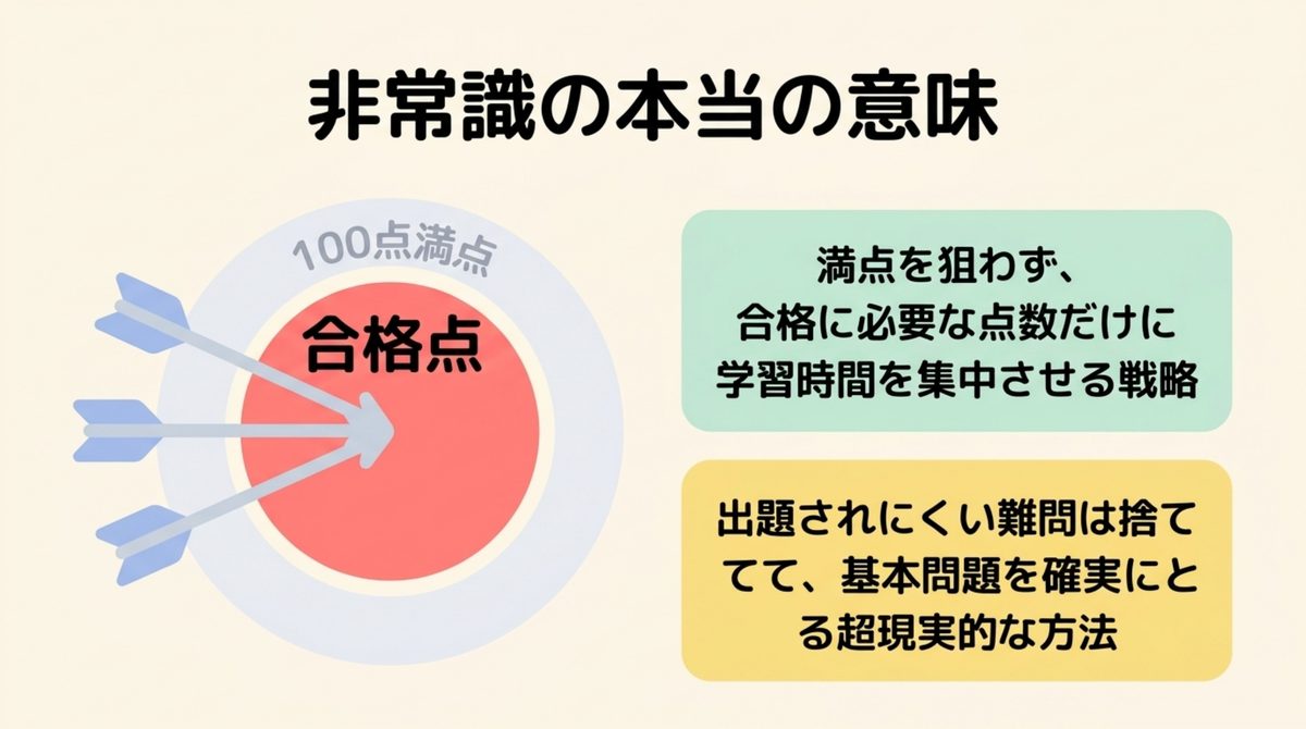 非常識合格法は満点ではなく合格に必要な得点へ学習時間を集中させる考え方を示す図