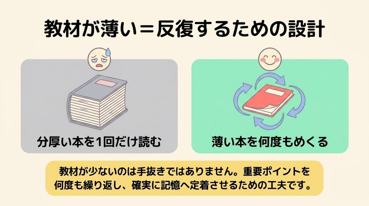教材を薄くして重要論点を繰り返す学習設計を示す図