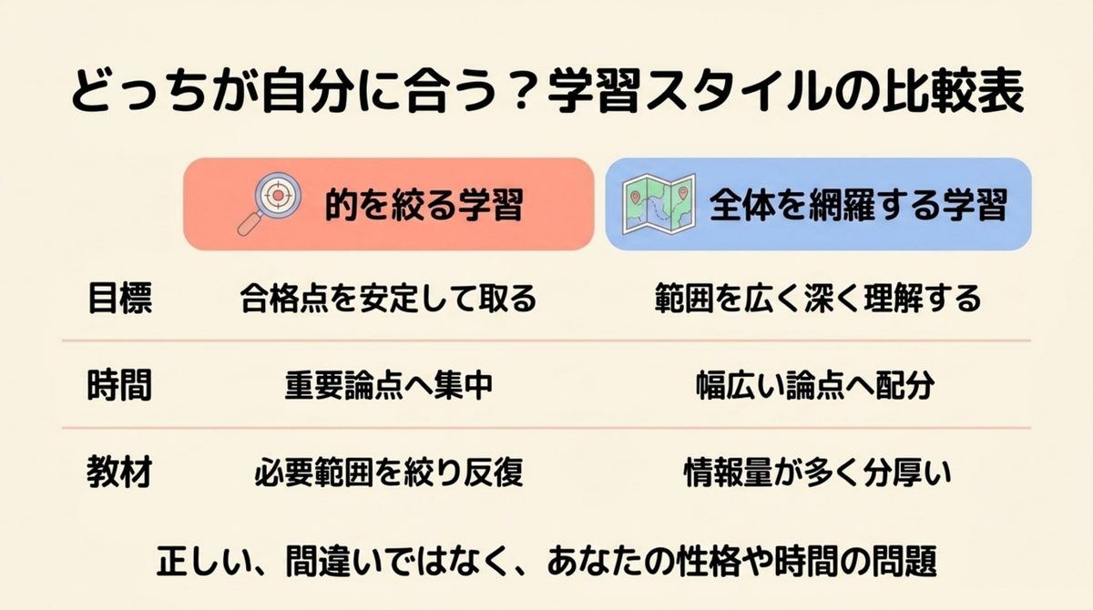 重点論点に集中する学習と全体を網羅する学習の違いを比較した図