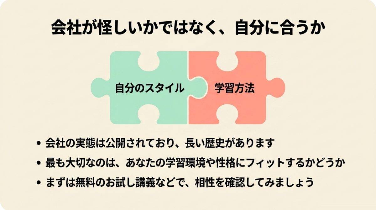 クレアールが怪しいかではなく自分の学習スタイルに合うかで判断する図