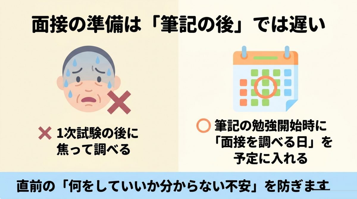 面接を調べる日を筆記学習の予定に入れる 筆記の勉強開始時に面接を調べる日を予定に入れる考え方