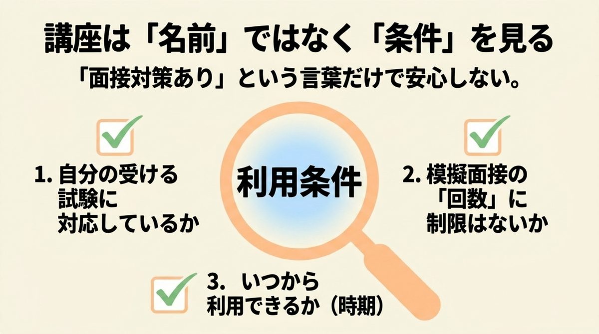 クレアール面接対策の利用条件を確認する項目 面接対策講座の利用条件で確認する三つの項目