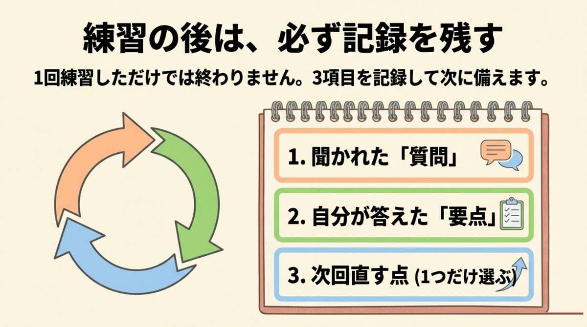 面接練習後に残す三つの記録 面接練習後に質問と要点と次回直す点を記録する方法