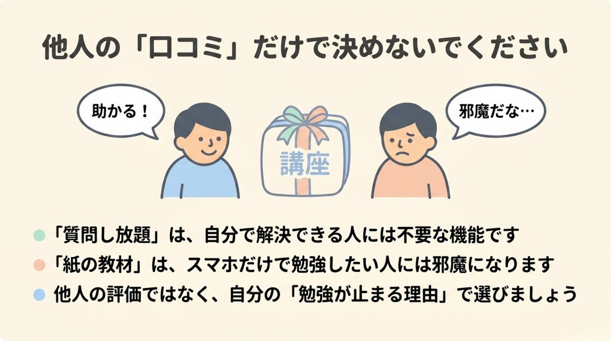 口コミの読み方 講座の口コミが読む人の状況によって評価が反転することを示した図解
