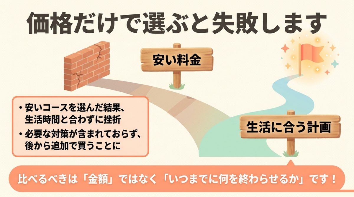 価格だけで中小企業診断士講座を選ぶと挫折や追加購入につながることを示す図解