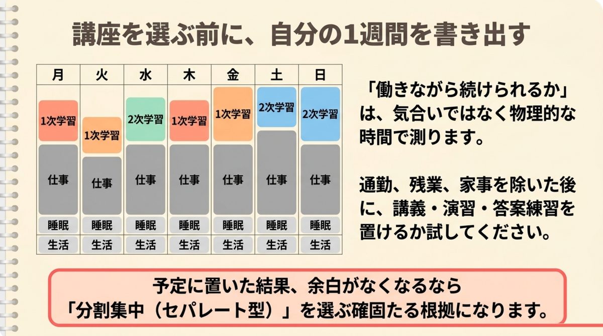 中小企業診断士講座を選ぶ前に1週間の学習時間を書き出す表