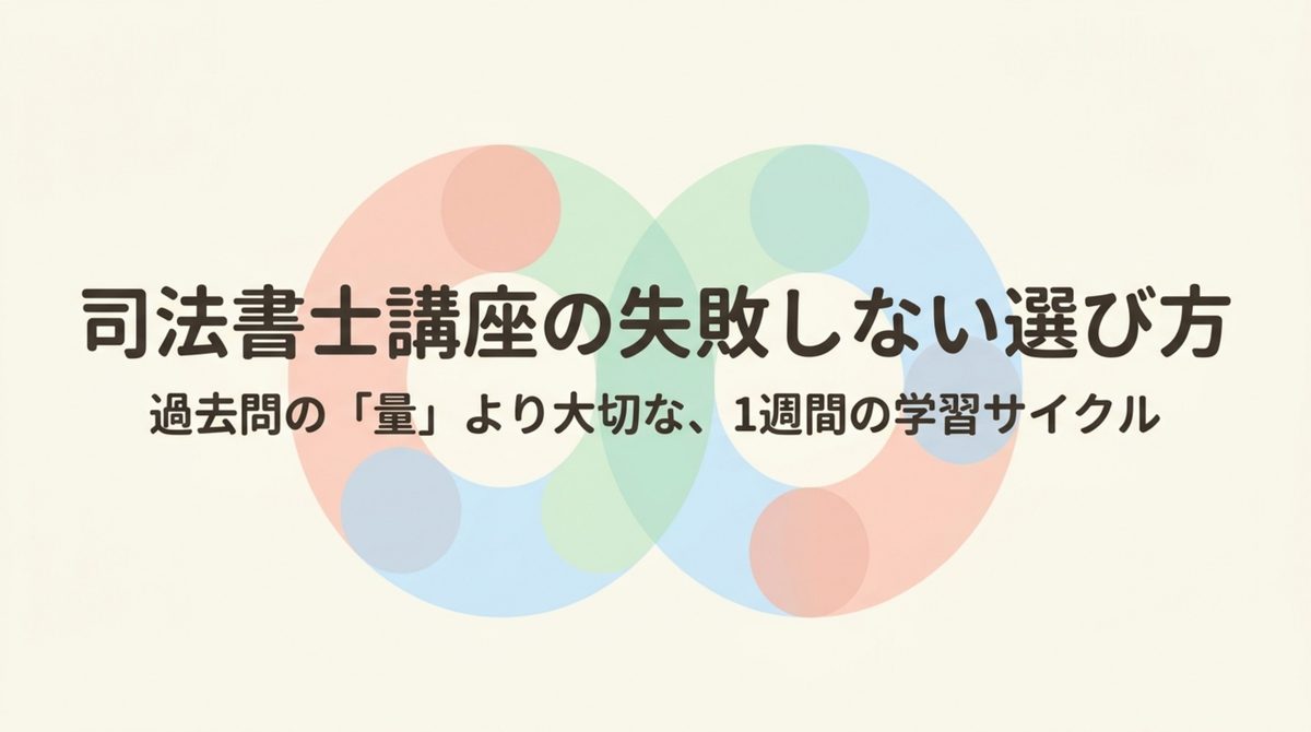 司法書士講座の選び方を、過去問の収録量ではなく1週間の学習サイクルで判断すると示した図解