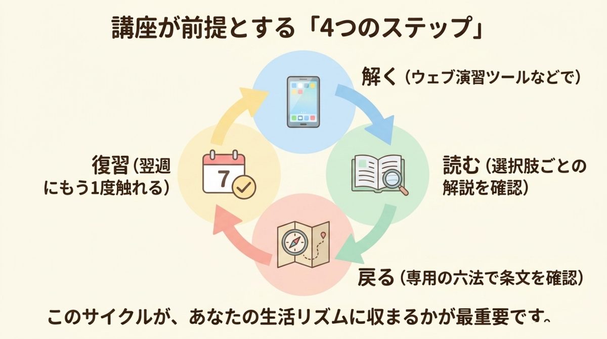 解く・読む・戻る・復習という講座教材が前提にしている4つのステップを循環図で示した図解