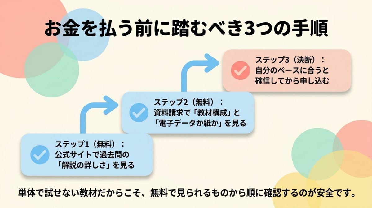 公式サイトで解説を見る、資料請求で教材構成を確認する、納得してから申し込むという3つの手順を示した図解